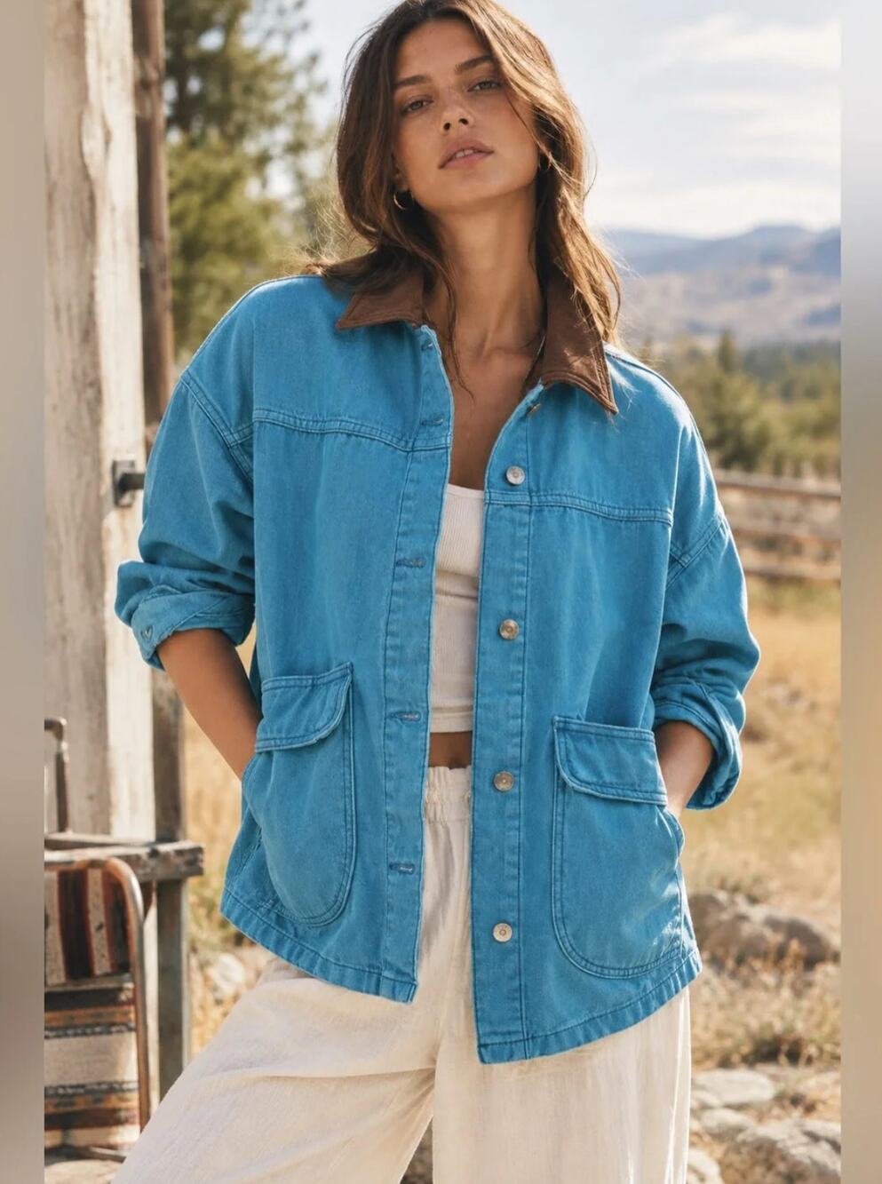 NWT We the Free Lemon Denim Jacket in Ocean Blue Size Medium